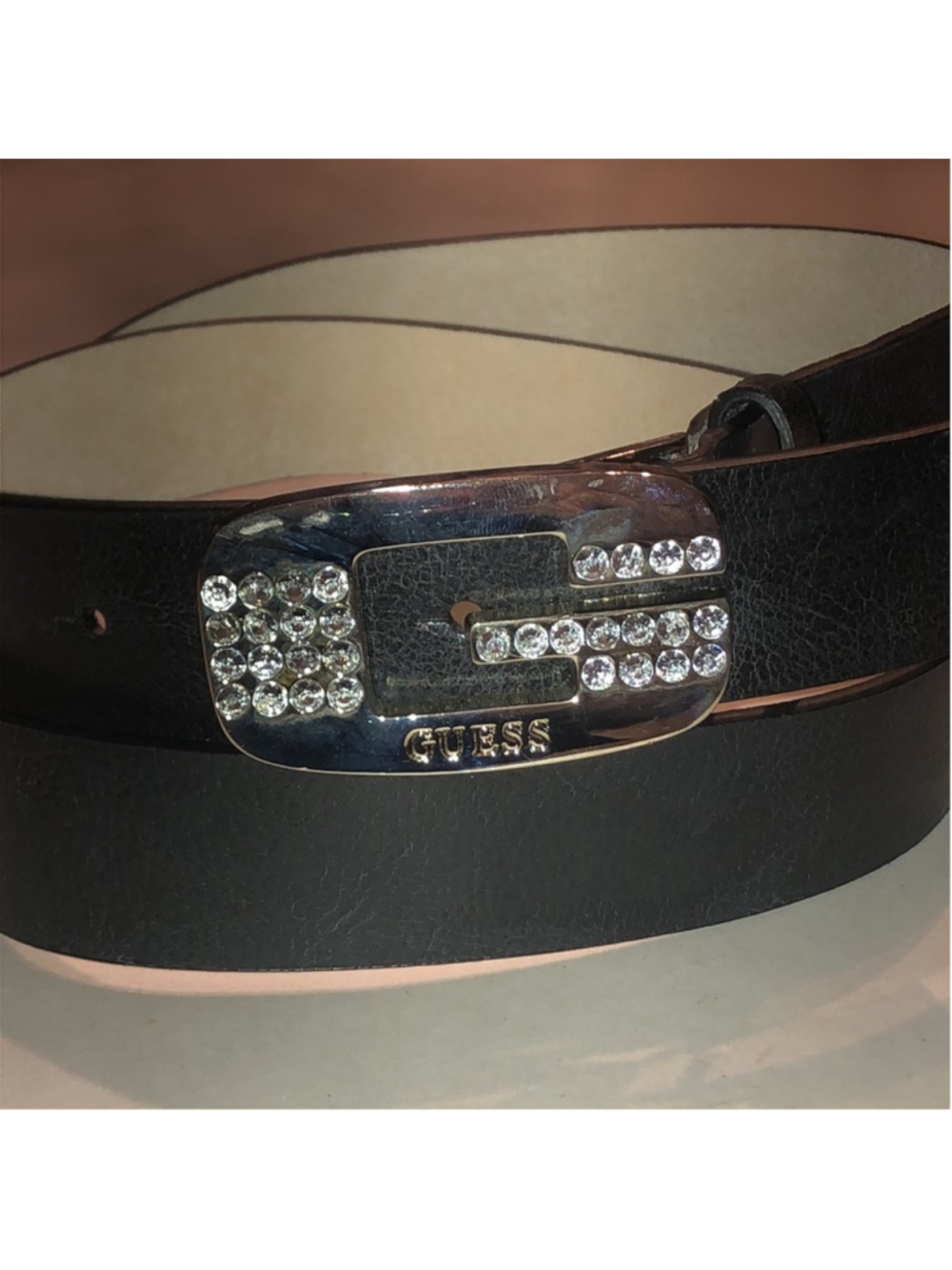 GUESS Black Leather Belt with Rhinestone Accent Buckle